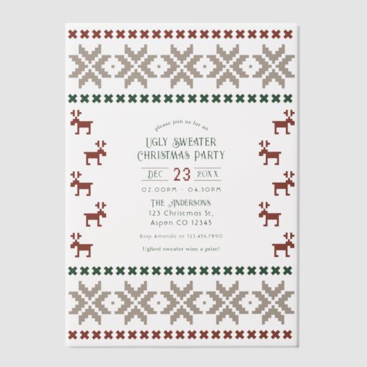 Cozy Cabin Ugly Sweater Christmas Party Vellum Uitnodigingen (Voorkant)