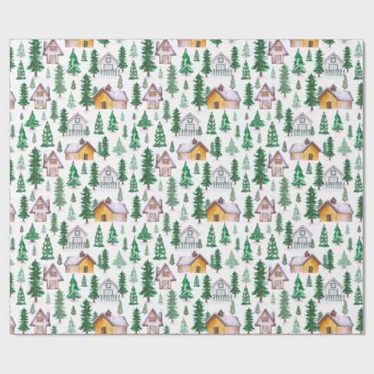 Cozy Cabins in Pine Forest Waterverf Pattern Cadeaupapier (Vlak)