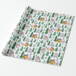 Cozy Cabins in Pine Forest Waterverf Pattern Cadeaupapier