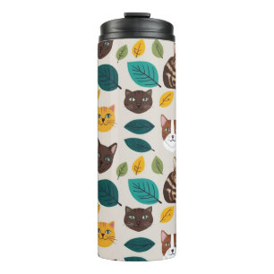 Cozy Cat & Autumn Leaves Naadloos Patroon - Whimsi Thermosbeker