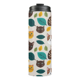 Cozy Cat & Autumn Leaves Naadloos Patroon - Whimsi Thermosbeker