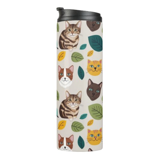 Cozy Cat & Autumn Leaves Seamless Pattern - Whimsi Thermosbeker (Geroteerd rechts)