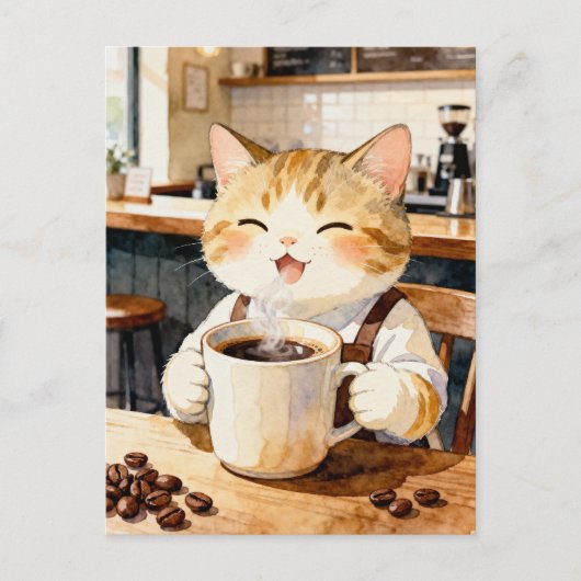 Cozy Cat Barista Watercolor Art Briefkaart (Voorkant)