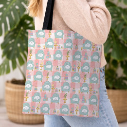 Cozy Cat & Book Girl Pastel Mint Green Pink Tote Bag