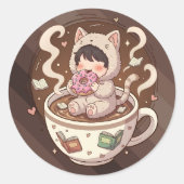 Cozy Cat Coffee Adventure Art Ronde Sticker (Voorkant)