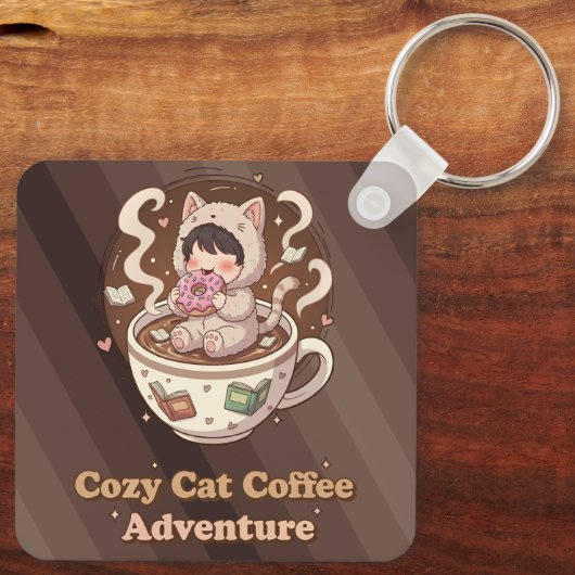 Cozy Cat Coffee Adventure Art Sleutelhanger (Achterkant)