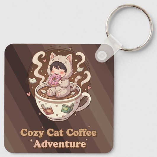 Cozy Cat Coffee Adventure Art Sleutelhanger (Achterkant)