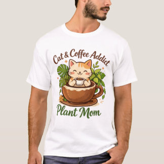 Cozy Cat Coffee and Plants Artwork T-shirt