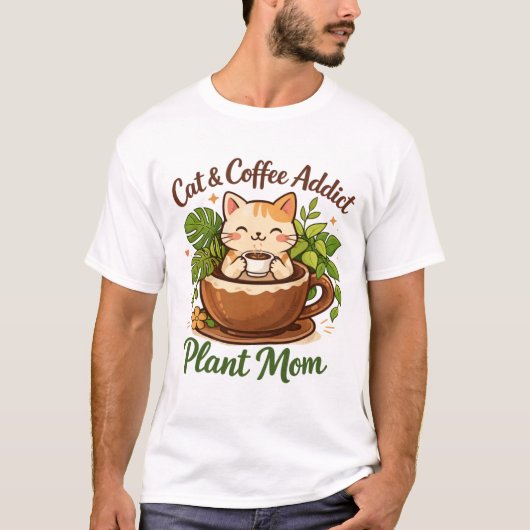 Cozy Cat Coffee and Plants Artwork T-shirt (Voorkant)