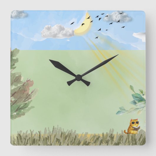 Cozy Cat Decor Wall Clock Vierkante Klok (Voorkant)
