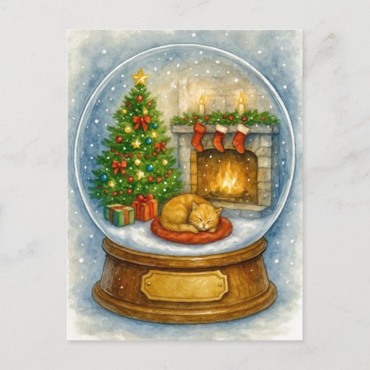 Cozy Cat Fireplace Christmas Snow Globe Postcard Feestdagenkaart (Voorkant)