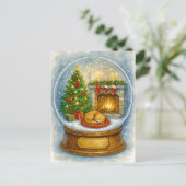 Cozy Cat Fireplace Christmas Snow Globe Postcard Feestdagenkaart (Staand voorkant)
