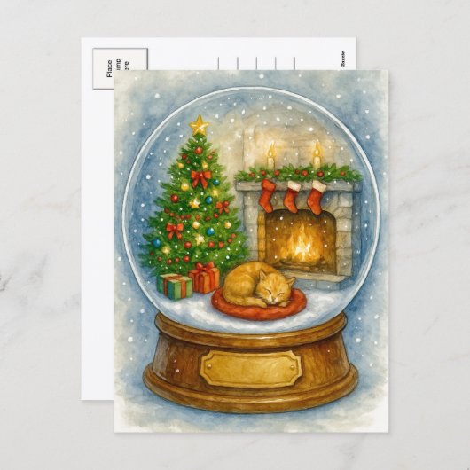 Cozy Cat Fireplace Christmas Snow Globe Postcard Feestdagenkaart (Voorkant / Achterkant)