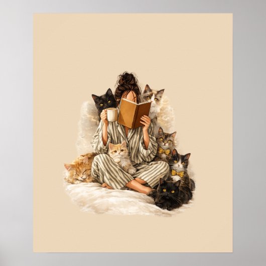 Cozy Cat Lady Reading & Coffee Poster (Voorkant)