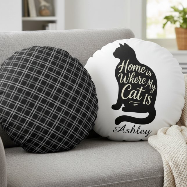Cozy Cat Silhouette – Personalized Pet Lover Rond Kussen (Personalized cat silhouette plaid round pillow
)