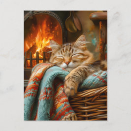 Cozy Cat Sleeping in Basket by Warm Fireplace Briefkaart