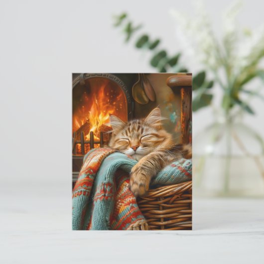 Cozy Cat Sleeping in Basket by Warm Fireplace Briefkaart (Staand voorkant)