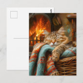 Cozy Cat Sleeping in Basket by Warm Fireplace Briefkaart (Voorkant / Achterkant)