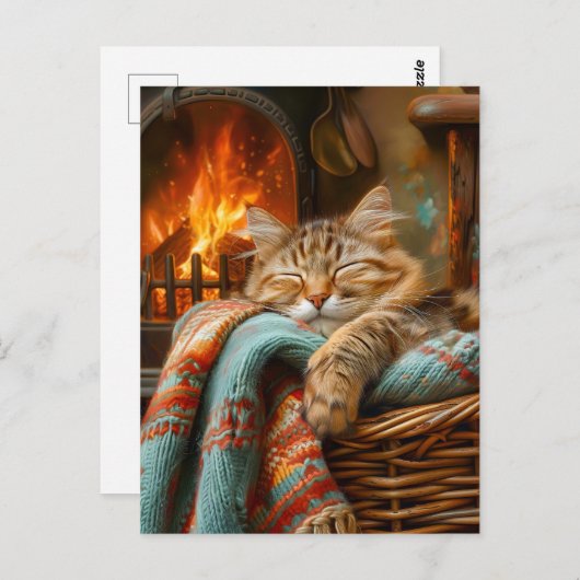 Cozy Cat Sleeping in Basket by Warm Fireplace Briefkaart (Voorkant / Achterkant)