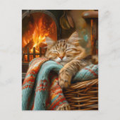 Cozy Cat Sleeping in Basket by Warm Fireplace Briefkaart (Voorkant)