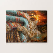 Cozy Cat Sleeping in Basket by Warm Fireplace Legpuzzel (Horizontaal)