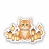 Cozy Cat with Glowing Lanterns New Year Sticker (Voorkant)