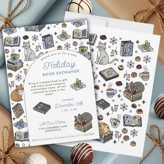 Cozy Cats Holiday Book Exchange Hand Drawn Kaart