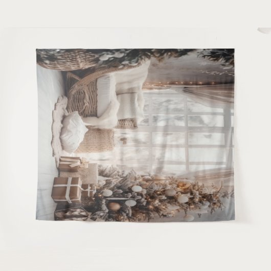 Cozy Chair, Snowy Window & Elegant Tree Backdrop Wandkleed (Voorkant (horizontaal))