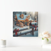 Cozy Christmas Cabin Winter Wonderland Vierkante Klok (Huis)