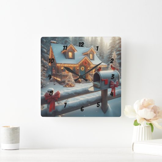 Cozy Christmas Cabin Winter Wonderland Vierkante Klok (Huis)
