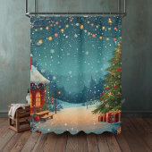 Cozy Christmas Cabin with Snowy Winter Scene Douchegordijn