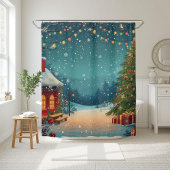 Cozy Christmas Cabin with Snowy Winter Scene Douchegordijn
