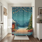 Cozy Christmas Cabin with Snowy Winter Scene Douchegordijn