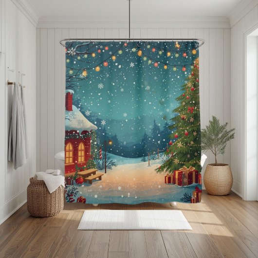 Cozy Christmas Cabin with Snowy Winter Scene Douchegordijn