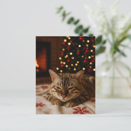 Cozy Christmas Cat Postcard Bengal Cat Fireplace Briefkaart (Staand voorkant)