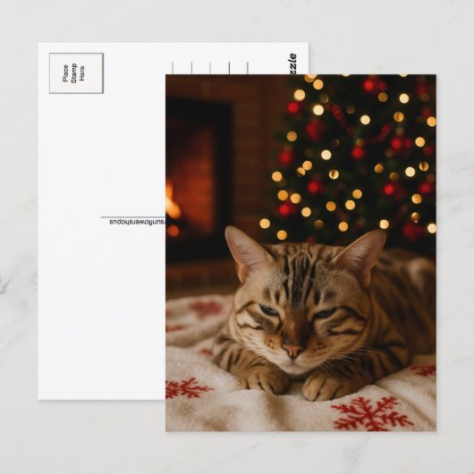 Cozy Christmas Cat Postcard Bengal Cat Fireplace Briefkaart (Voorkant / Achterkant)