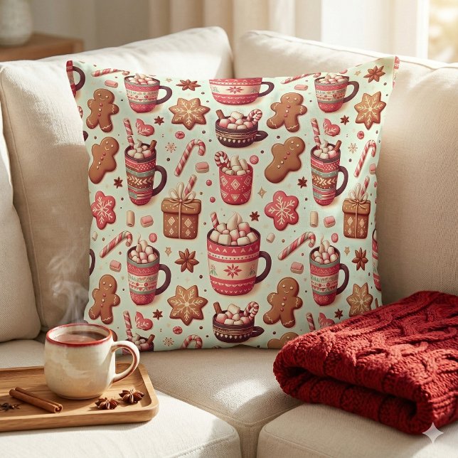 Cozy Christmas Cocoa and Gingerbread Pattern Kussen (Cozy Christmas Cocoa and Gingerbread Pattern Throw Pillow Mockup A.)