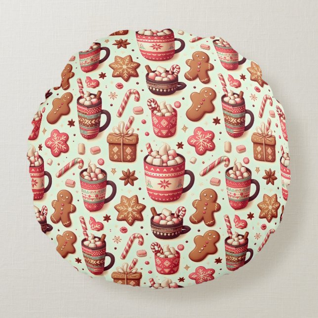Cozy Christmas Cocoa and Gingerbread Pattern Rond Kussen (Voorkant)