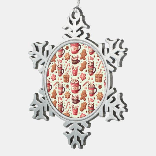 Cozy Christmas Cocoa and Gingerbread Pattern Tin Sneeuwvlok Ornament (Rechts)