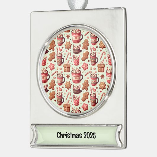 Cozy Christmas Cocoa and Gingerbread Pattern Verzilverd Banner Ornament (Links)