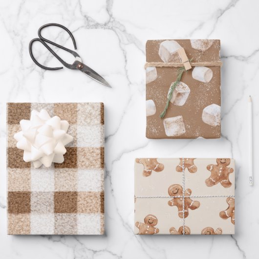 Cozy Christmas Cocoa Plaid Marshmallow Gingerbread Inpakpapier Vel (Voorkant)