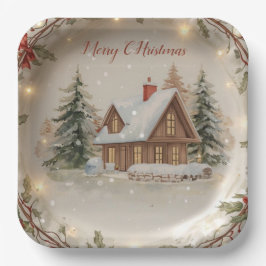  Cozy Christmas Cottage Paper Plate Papieren Bordje