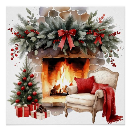 Cozy Christmas Fireplace Watercolor Art Print Perfect Poster (Voorkant)
