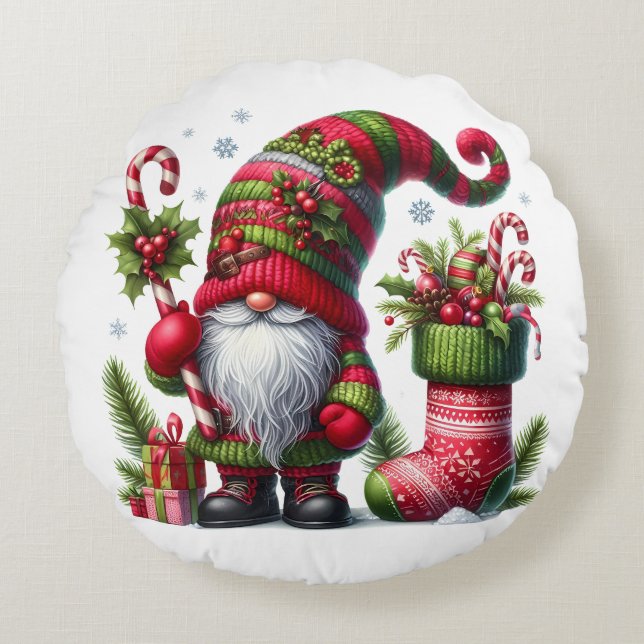 Cozy Christmas Gnome Art – Festive Holiday Rond Kussen (Voorkant)