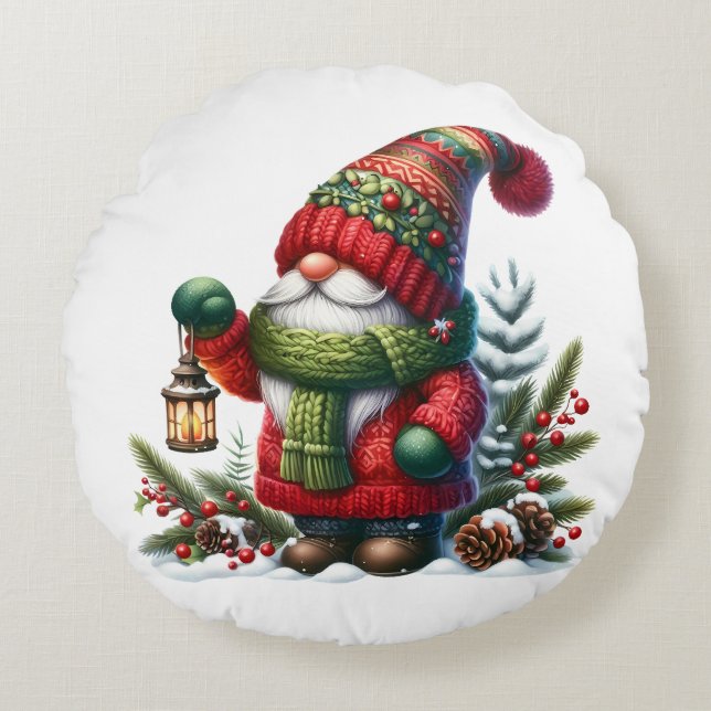 Cozy Christmas Gnome Art – Festive Holiday Rond Kussen (Voorkant)