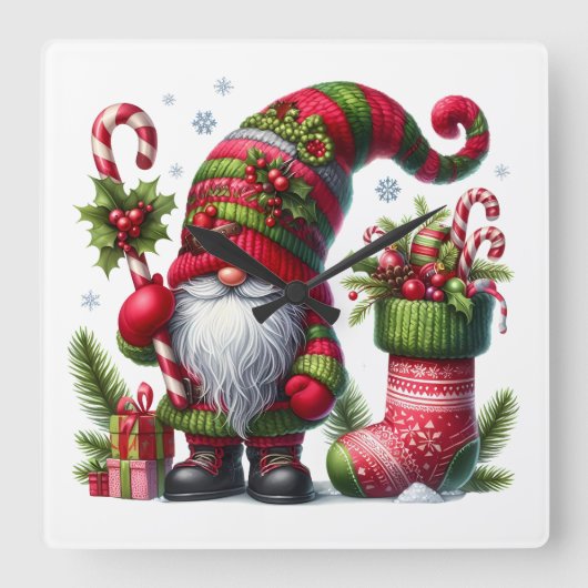 Cozy Christmas Gnome Art – Festive Holiday Vierkante Klok (Voorkant)