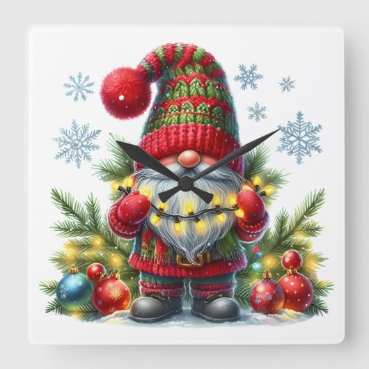 Cozy Christmas Gnome Art – Festive Holiday Vierkante Klok (Voorkant)