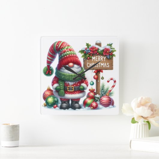 Cozy Christmas Gnome Art – Festive Holiday Vierkante Klok (Huis)