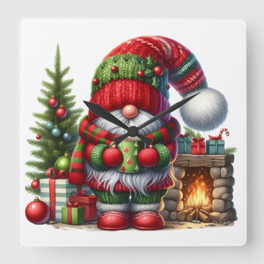 Cozy Christmas Gnome Art – Festive Holiday Vierkante Klok (Voorkant)
