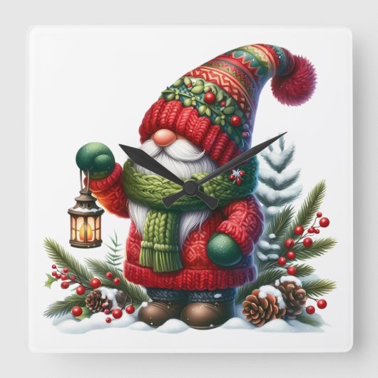 Cozy Christmas Gnome Art – Festive Holiday Vierkante Klok (Voorkant)